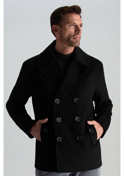Italyan Saf Yün Düğme Cepli Siyah Palto