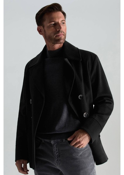 Italyan Saf Yün Düğme Cepli Siyah Palto modelleri