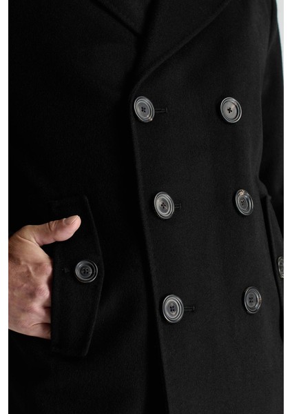 Italyan Saf Yün Düğme Cepli Siyah Palto fırsatları