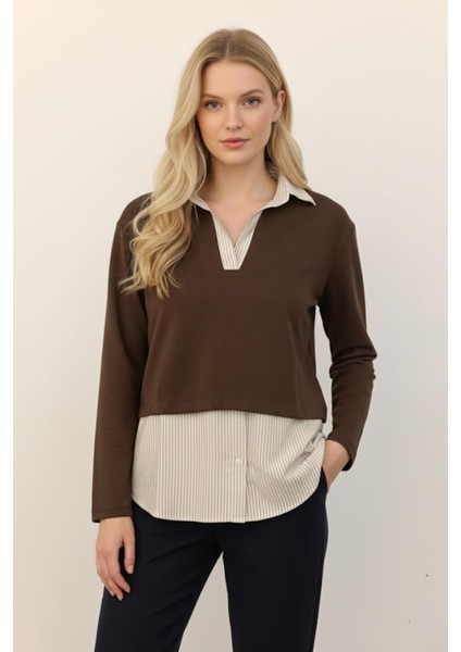 Kahve Gömlek Yaka Detaylı Triko Bluz 8241A