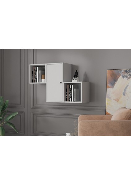Kitaplikli Dolapli Ikili Duvar Rafi 100 cm Beyaz DVR-1034-Ç