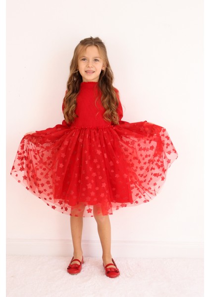 Kırmızı Yıldız Baskılı Tül Etekli Kız Çocuk Elbise - Karen