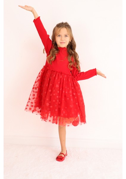 Kırmızı Yıldız Baskılı Tül Etekli Kız Çocuk Elbise - Karen