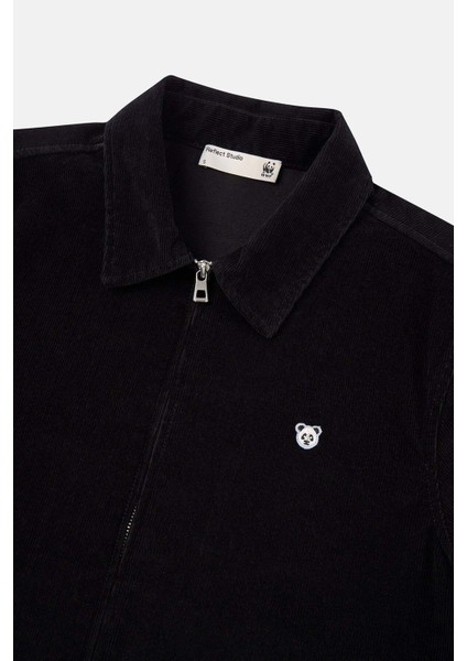 Panda Full-Zip Kadife Ceket - Siyah