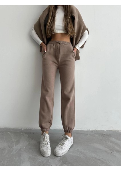 3 Iplik Şardonlu Paça Lastikli Eşofman Vizon modelleri