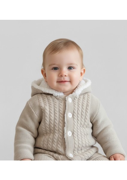 Içi Welsoft Kürklü, Kapüşonlu, Örgü Desenli Triko Bebek Hırkası