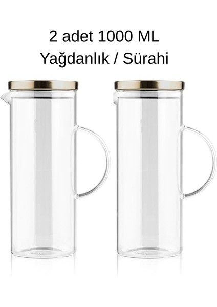 2'li Metal Paslanmaz Çelik Kapaklı Borosilikat Cam 1000CC Sürahi / Yağlık