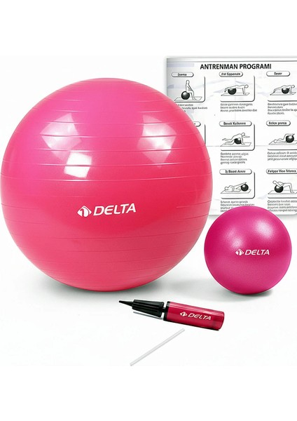 65 cm Pilates Topu Şişirme Pompası ve 20 cm Denge Topu Seti Egzersiz Topu 65CM Plates Seti Fuşya