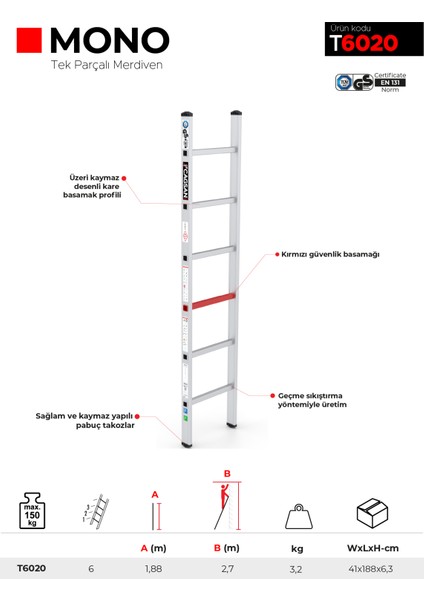 6 Basamaklı Mono - Tek Parçalı Alüminyum Merdiven T6020 fırsatları