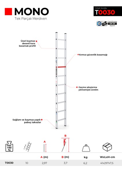 10 Basamaklı Mono - Tek Parçalı Alüminyum Merdiven T0030 fırsatları