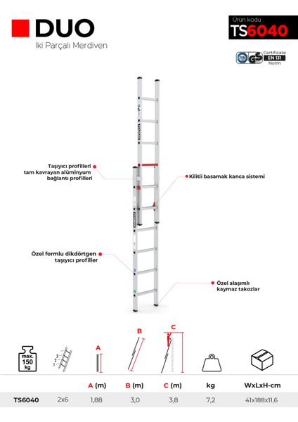 2X6 Basamaklı Duo - İki Parçalı Alüminyum Merdiven Ts6040 indirimleri