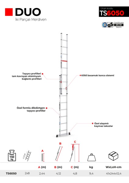 2X8 Basamaklı Duo - İki Parçalı Alüminyum Merdiven Ts6050 indirimleri