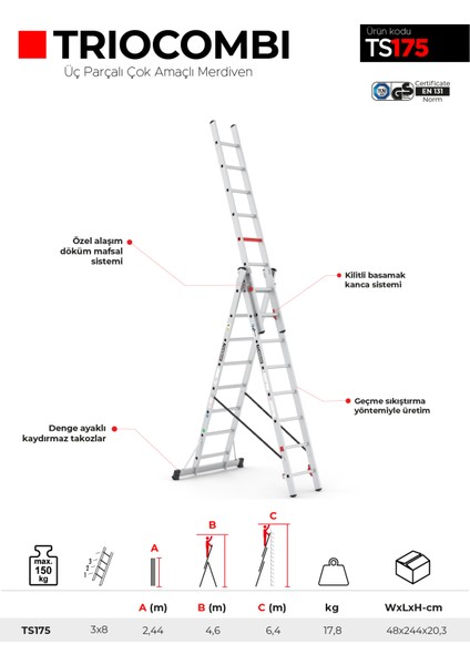 3X8 Basamaklı Triocombi - Üç Parçalı Çok Amaçlı Merdiven Ts175