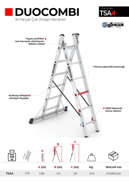 2X6 Basamaklı Duocombi - İki Parçalı Çok Amaçlı Merdiven Tsa4 indirimleri