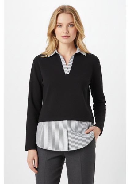Siyah Gömlek Yaka Detaylı Triko Bluz 8241A