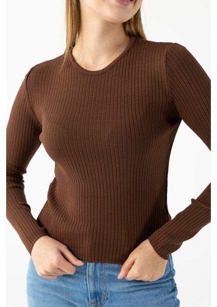 Kadın Bisiklet Yaka Fitilli Basic Triko Body Kahverengi - 25K 2060