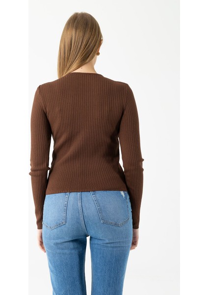 Kadın Bisiklet Yaka Fitilli Basic Triko Body Kahverengi - 25K 2060