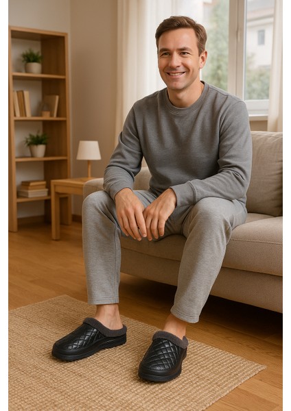 Peluş Astarlı Kapitone Siyah Kışlık Ev Terliği - Kaymaz Tabanlı fiyatları