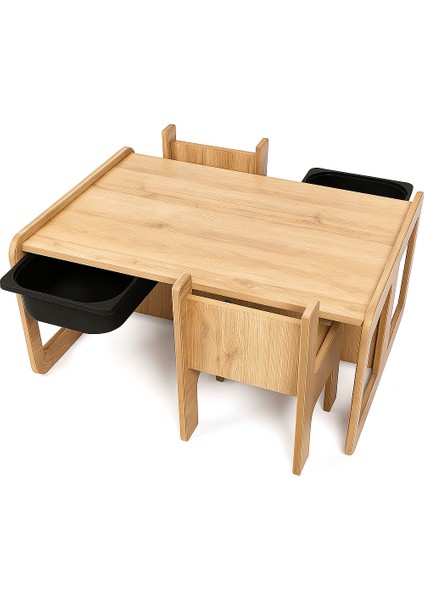 2 Kişilik Çocuk Masası – Ceviz Mdf - Siyah Çekmeceli