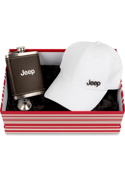 Jeep Logolu Hediye Kutusu Deri Kılıflı 8 Oz Çelik Matara Beyaz Şapka Seti