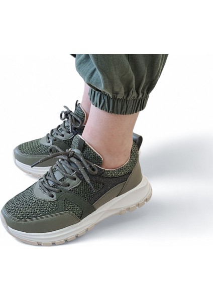 B260914 Tüvit Kumaş Detaylı Haki Yeşil Kadın Sneaker Ayakkabı