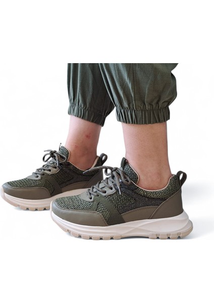 B260914 Tüvit Kumaş Detaylı Haki Yeşil Kadın Sneaker Ayakkabı