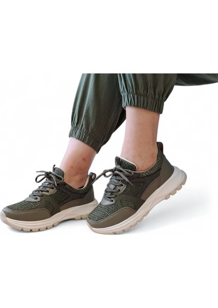 B260914 Tüvit Kumaş Detaylı Haki Yeşil Kadın Sneaker Ayakkabı