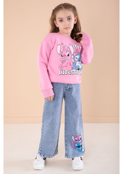 Pembe Love Karakter Baskılı Şardonlu Badili Kız Çocuk Pantolonlu 2li Takım 22744