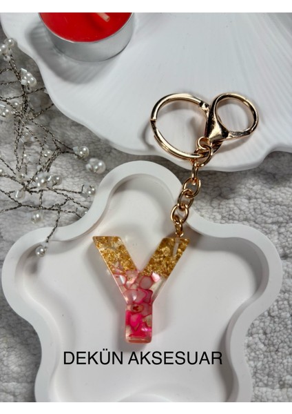 Y Harfi Epoksi Pembe El Yapımı Anahtarlık