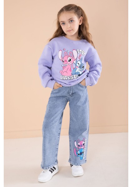 Lila Love Karakter Baskılı Şardonlu Badili Kız Çocuk Pantolonlu 2li Takım 22746