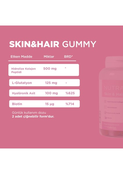 Skin & Hair Gummy – Hidrolize Kolajen, Hyaluronik Asit, Glutatyon ve Biotin Içeren Cilt&saç Gummies