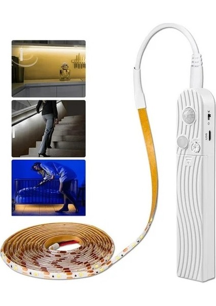 Hareket Sensörlü Pilli LED Gece Lambası Zamanlayıcılı USB Şarjlı Dolap Yatak Altı Merdiven Işık Aydınlatması IP65 Su Geçirmez