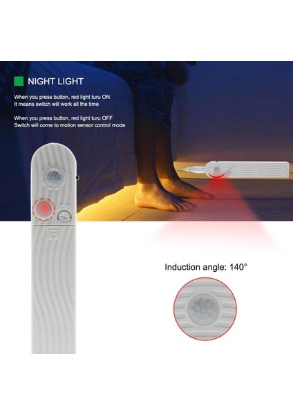 Hareket Sensörlü Pilli LED Gece Lambası Zamanlayıcılı USB Şarjlı Dolap Yatak Altı Merdiven Işık Aydınlatması IP65 Su Geçirmez