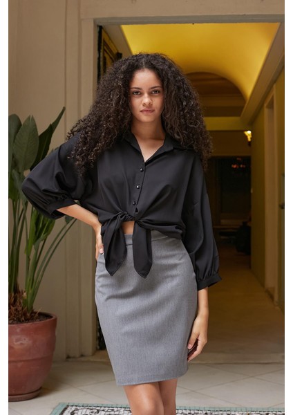 Yüksek Bel Diz Üstü Hafif Likralı Şık Kumaş Kalem Etek-Gri