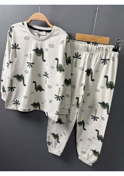 Erkek Çocuk Üzeri Palmiye Ağacı ve Dinazor Baskılı Krem Pijama Takımı