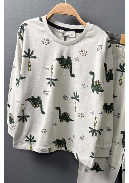 Erkek Çocuk Üzeri Palmiye Ağacı ve Dinazor Baskılı Krem Pijama Takımı fiyatları