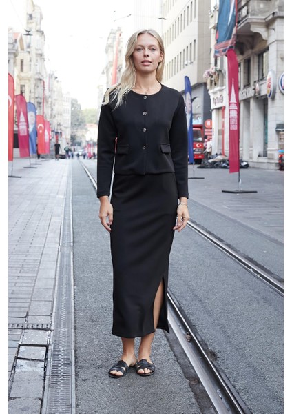 Kadın Ipeksi Esnek Modal Kumaş Yüksek Bel Cepli Beli Lastikli Yandan Yırtmaçlı Uzun Etek-Siyah