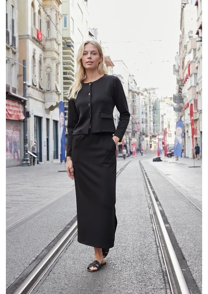 Kadın Ipeksi Esnek Modal Kumaş Yüksek Bel Cepli Beli Lastikli Yandan Yırtmaçlı Uzun Etek-Siyah fiyatları