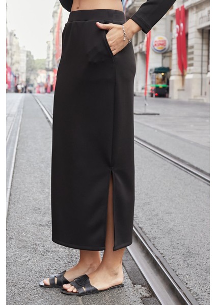 Kadın Ipeksi Esnek Modal Kumaş Yüksek Bel Cepli Beli Lastikli Yandan Yırtmaçlı Uzun Etek-Siyah fırsatları