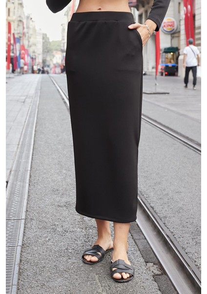 Kadın Ipeksi Esnek Modal Kumaş Yüksek Bel Cepli Beli Lastikli Yandan Yırtmaçlı Uzun Etek-Siyah indirimleri