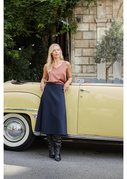 Kadın Yüksek Bel Diz Altı Hafif Likralı Kumaş Çan Etek-Lacivert