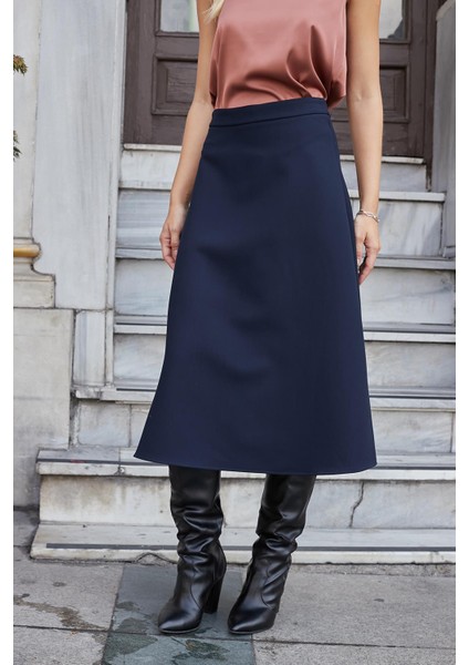 Kadın Yüksek Bel Diz Altı Hafif Likralı Kumaş Çan Etek-Lacivert modelleri