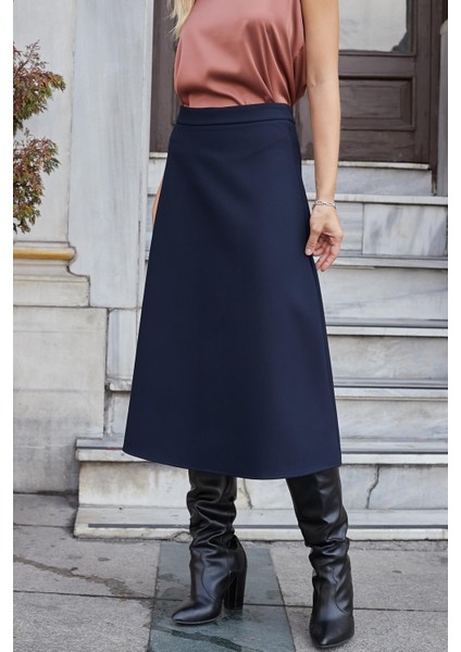 Kadın Yüksek Bel Diz Altı Hafif Likralı Kumaş Çan Etek-Lacivert fırsatları