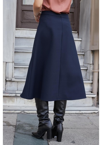 Kadın Yüksek Bel Diz Altı Hafif Likralı Kumaş Çan Etek-Lacivert indirimleri