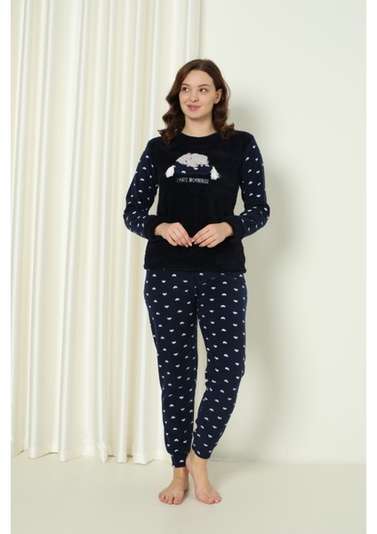 Fawn 3317 Peluş Welsoft Polar Kışlık Yumoş Kadın Pijama Takımı Uyuyan Kedili