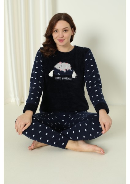 Fawn 3317 Peluş Welsoft Polar Kışlık Yumoş Kadın Pijama Takımı Uyuyan Kedili fırsatları