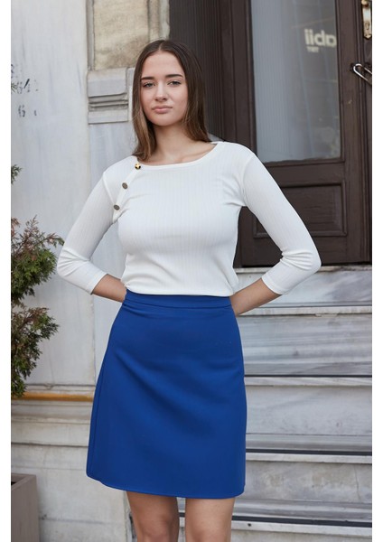 Yüksek Bel Hafif Likralı Kumaş Diz Boy Çan Etek-Indigo