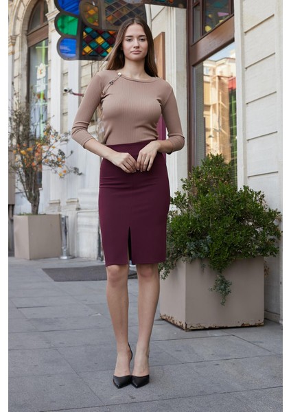 Kadın Yüksek Bel Önden Yırtmaçlı Hafif Likralı Şık Kumaş Diz Altı Ofis Kalem Etek-Bordo modelleri