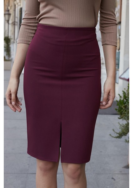 Kadın Yüksek Bel Önden Yırtmaçlı Hafif Likralı Şık Kumaş Diz Altı Ofis Kalem Etek-Bordo fırsatları