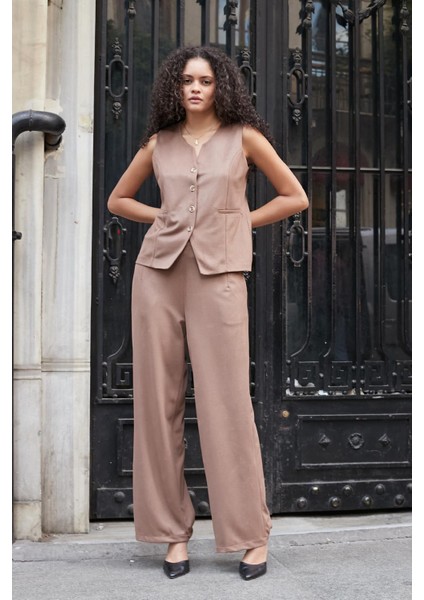 Kadın Süet Dokulu Kumaş Yüksek Bel Yan Cepli Beli Lastikli Bol Paça Palazzo Pantolon-Vizon